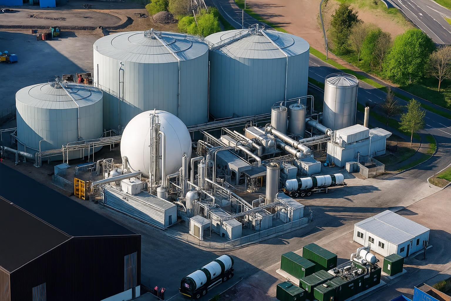 Aerial view of an anaerobic digestion plant with large storage tanks and a gas holder