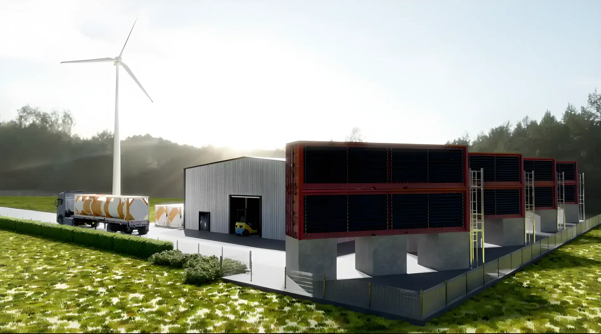 Rendering of a Power-to-X plant: containerised electrolysers beside a wind turbine, with a tanker collecting fuel