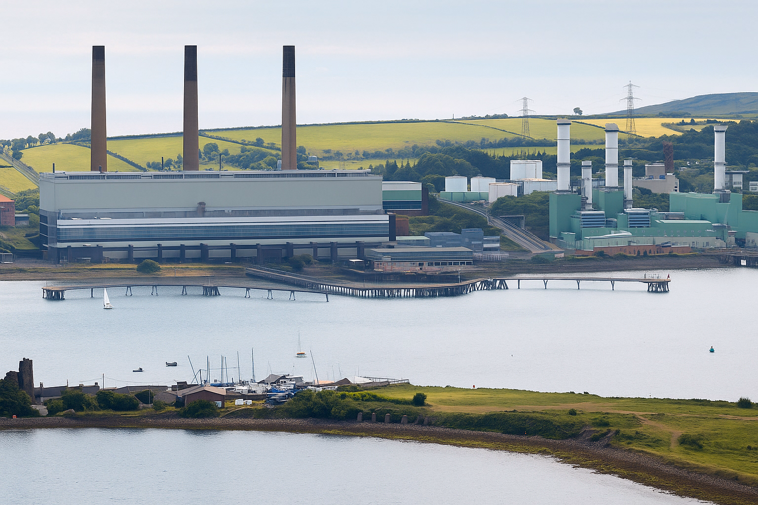 Ballylumford power station and its three chimneys, seen across Larne Lough